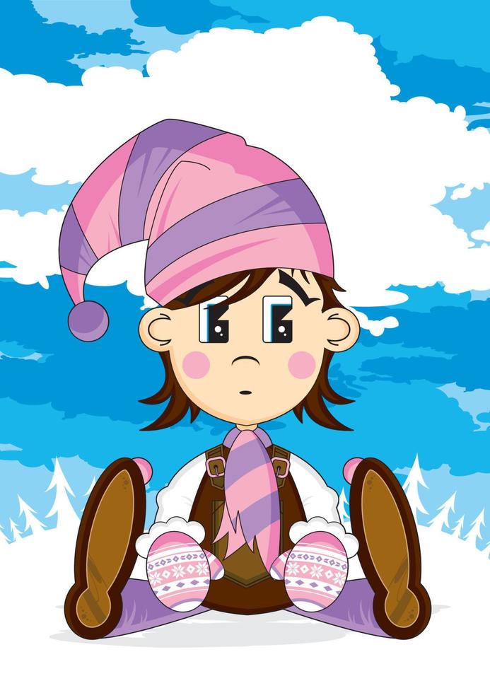 Cute Cartoon Christmas Elf in Wooly Hat and Mittens vector