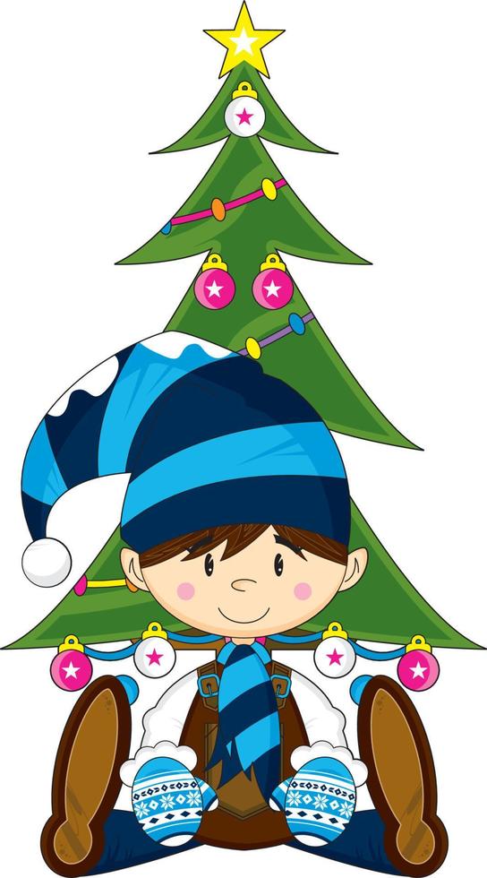 Cartoon Christmas Elf and Xmas Tree vector