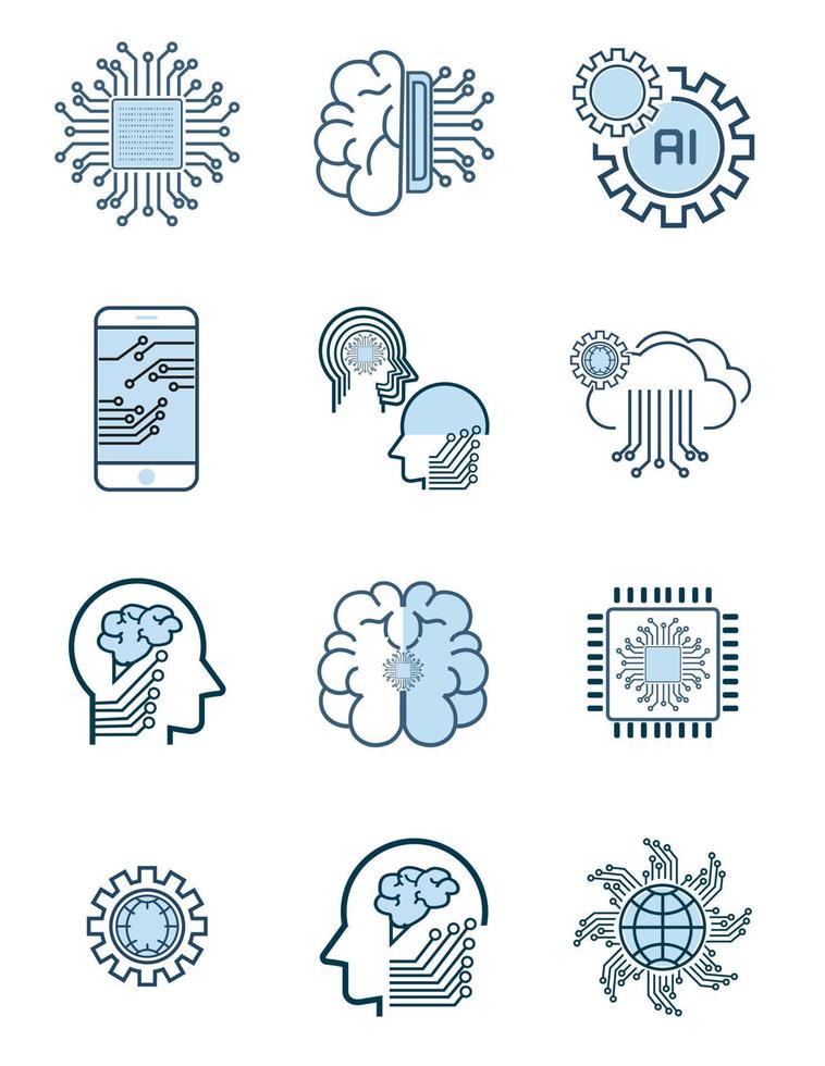 Set of Artificial Intelligence Related Vector Line Icons. Contains such Icons as Face Recognition, Algorithm, Self-learning style. Editable Stroke design