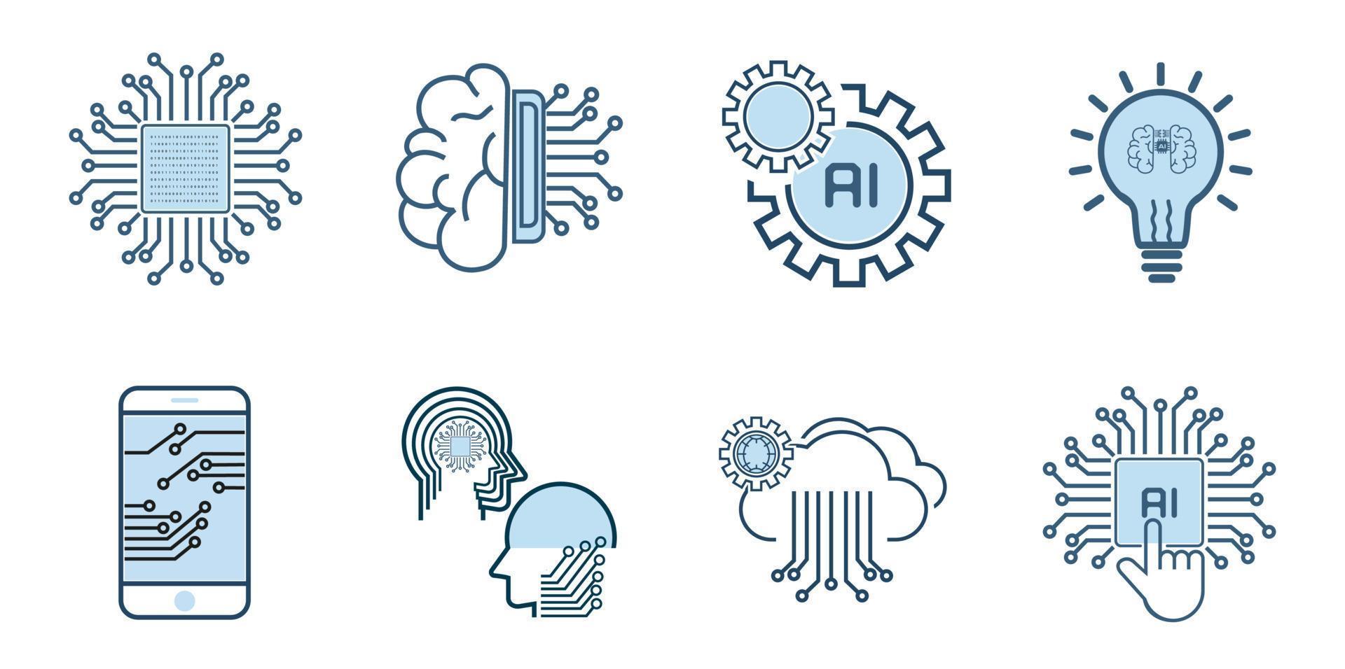 artificial inteligencia grupos relacionado vector línea iconos contiene tal íconos como ai Procesando, algoritmo, auto aprendizaje estilo. editable carrera diseño