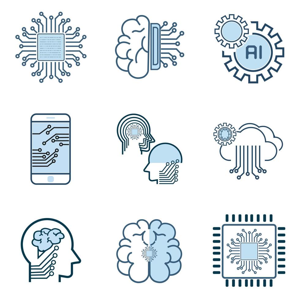 Set of Artificial Intelligence Vector Line Icons, Face Recognition, Android, Humanoid Robot, Thinking Machine. Editable Stroke vector