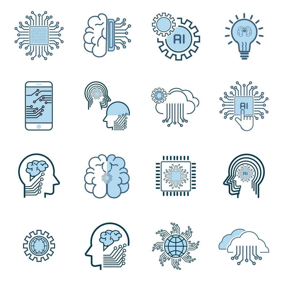 Group of icons of artificial intelligence operatating system, AI circutes line style icons, clouds, world, brain, mobile and idea machine in set, modern AI smart vector