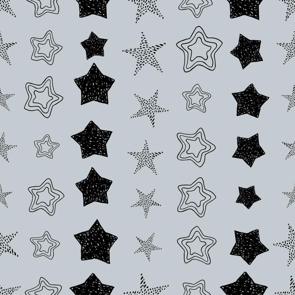 sin costura antecedentes de garabatear estrellas. negro mano dibujado estrellas en gris antecedentes. vector ilustración