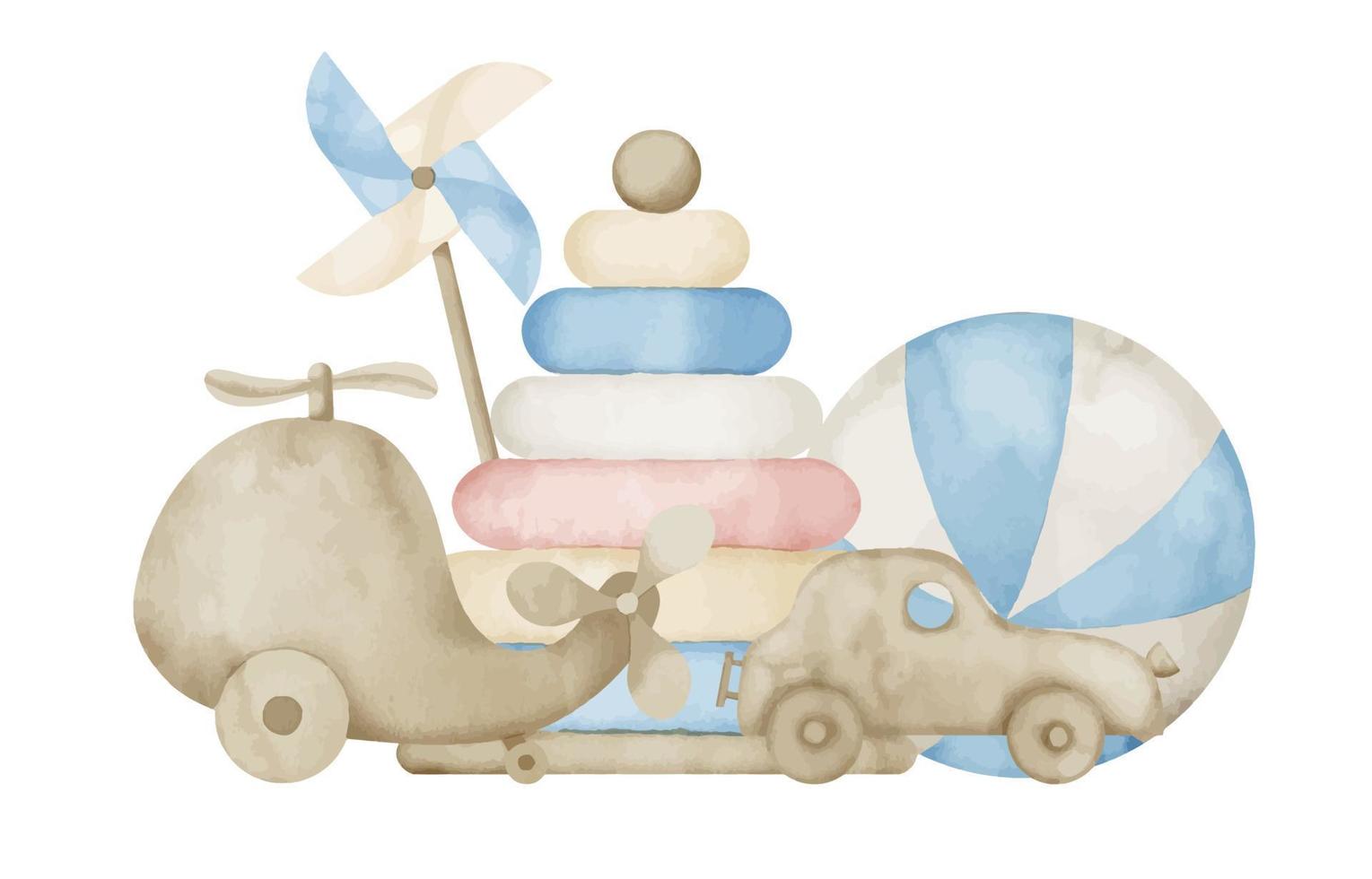 Watercolor illustration with Baby Toys in pastel blue and beige colors. Hand drawn drawing on isolated background for Kid shower party. Colorful horizontal composition with vintage pyramid and car vector