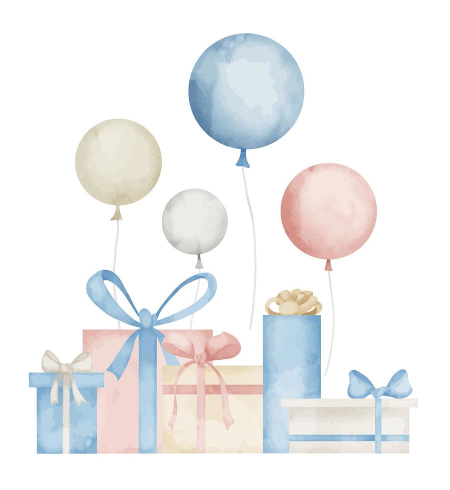Gift Boxes with air Balloons in pastel blue and pink colors. Hand drawn watercolor illustration with Presents on isolated background for greeting cards or invitations. Drawing for happy birthday vector