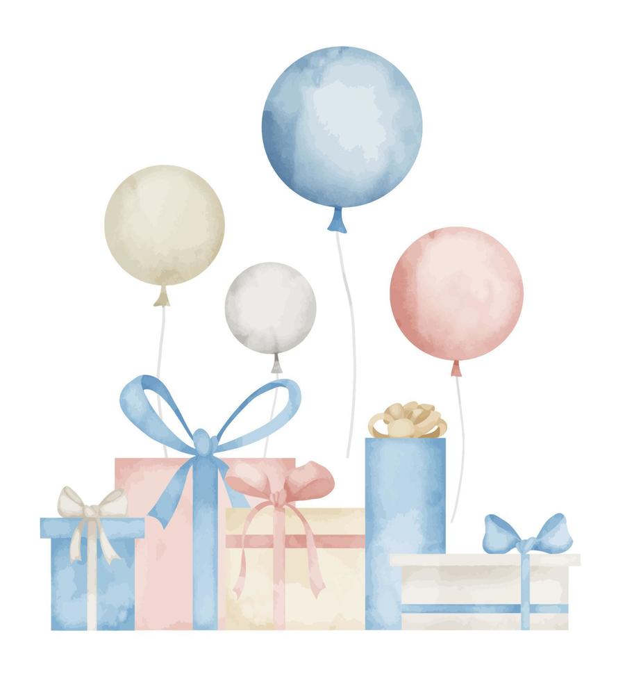 regalo cajas con aire globos en pastel azul y rosado colores. mano dibujado acuarela ilustración con regalos en aislado antecedentes para saludo tarjetas o invitaciones dibujo para contento cumpleaños vector