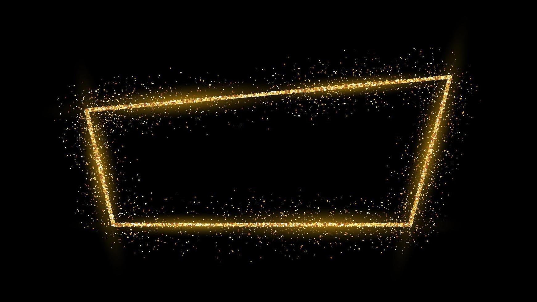 Golden frame with glitter, sparkles and flares on dark background. Empty luxury backdrop. Vector illustration.