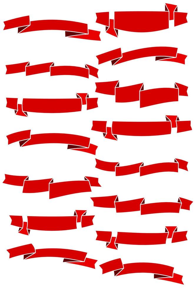 Set of fifteen red cartoon ribbons and banners for web design. Great design element isolated on white background. Vector illustration.