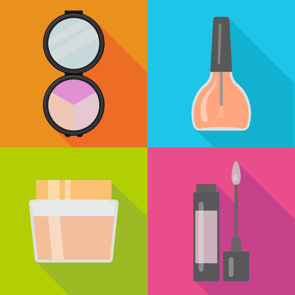 Set of four makeup items in flat style with shadow. Vector illustration.