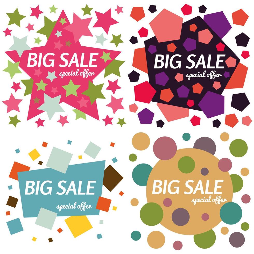 Set of big sale special offer square banners on white background. Vector background with colorful design elements. Vector illustration.