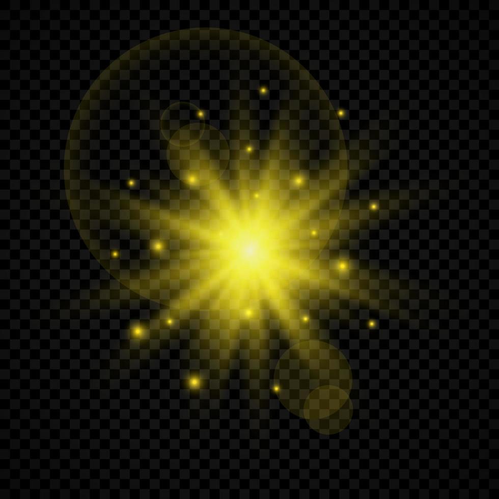 Light effect of lens flares. Yellow glowing lights starburst effects with sparkles vector