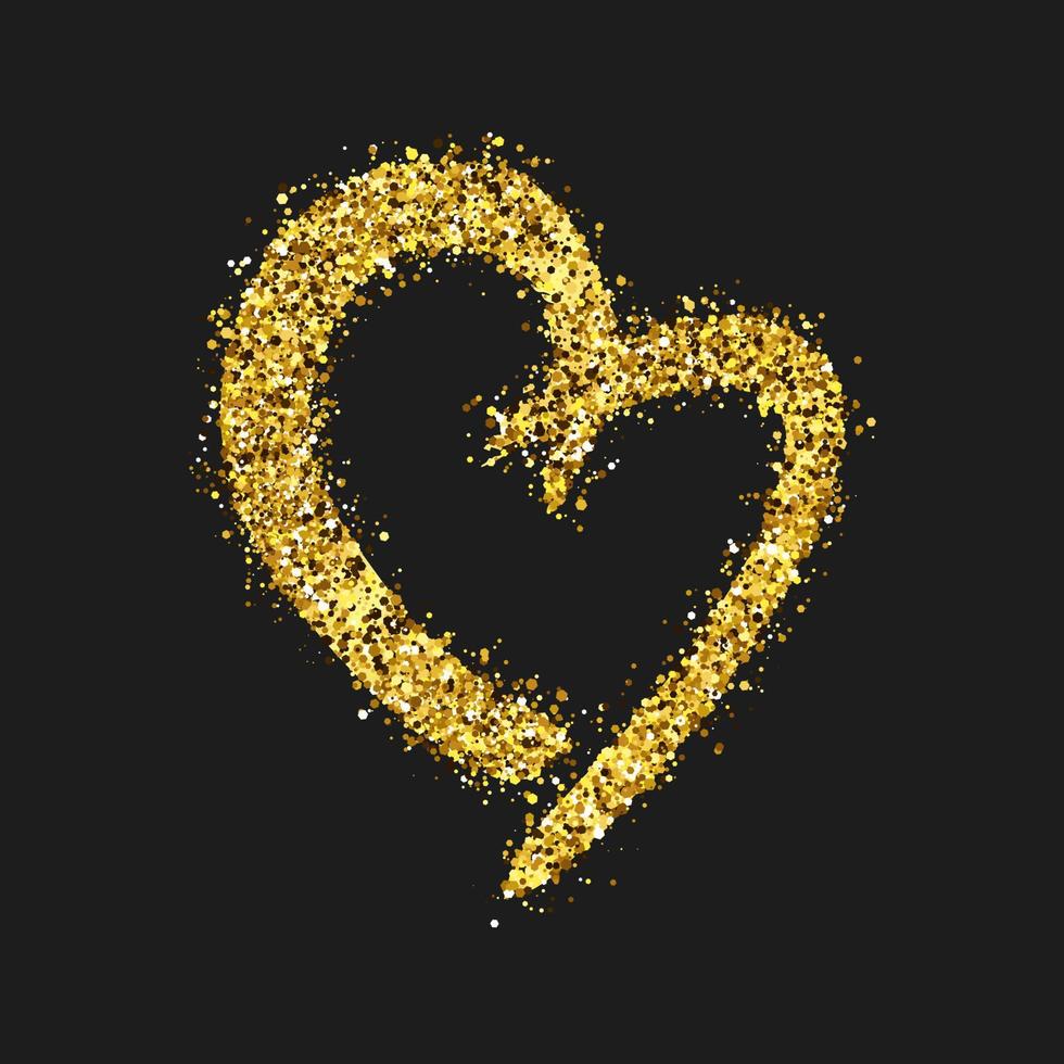 Gold glitter doodle heart on dark background. Gold grunge hand drawn heart. Romantic love symbol. Vector illustration.