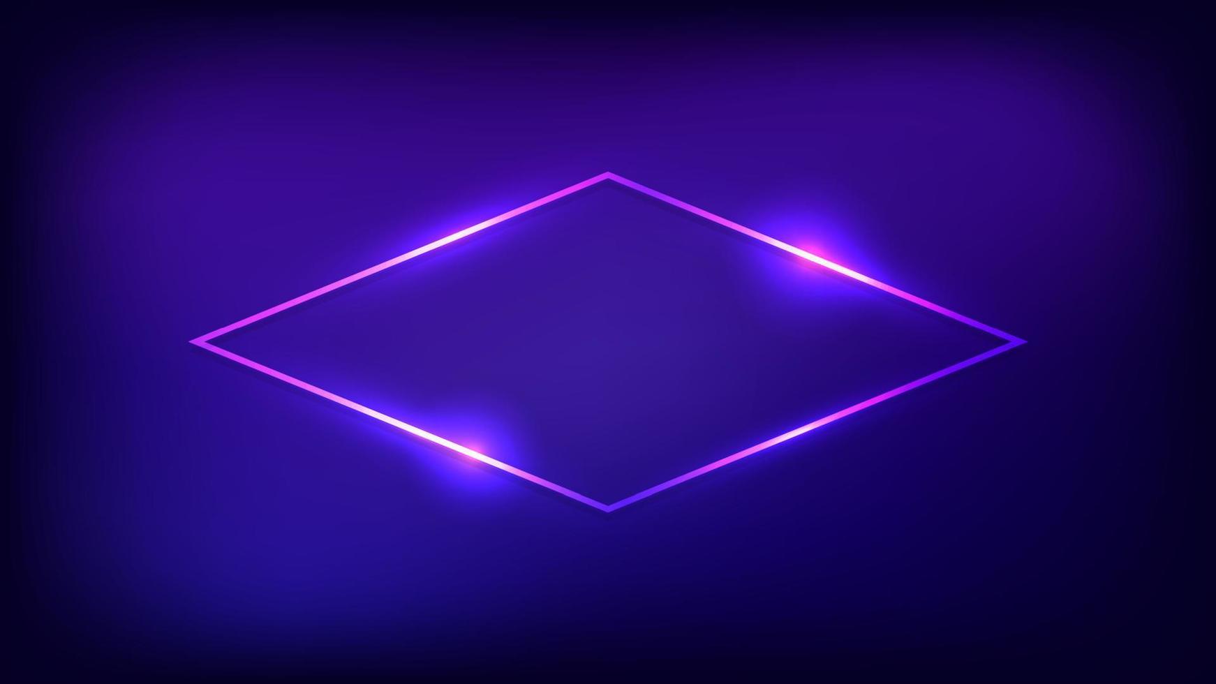 Neon rhomb frame with shining effects on dark background. Empty glowing techno backdrop. Vector illustration.