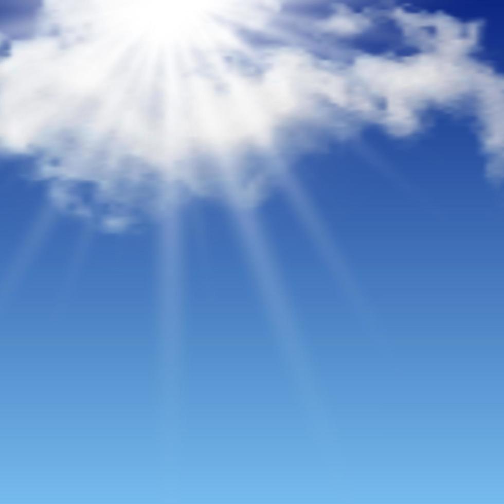 Natural background with clouds and sun on blue sky. Realistic cloud on blue backdrop. Vector illustration