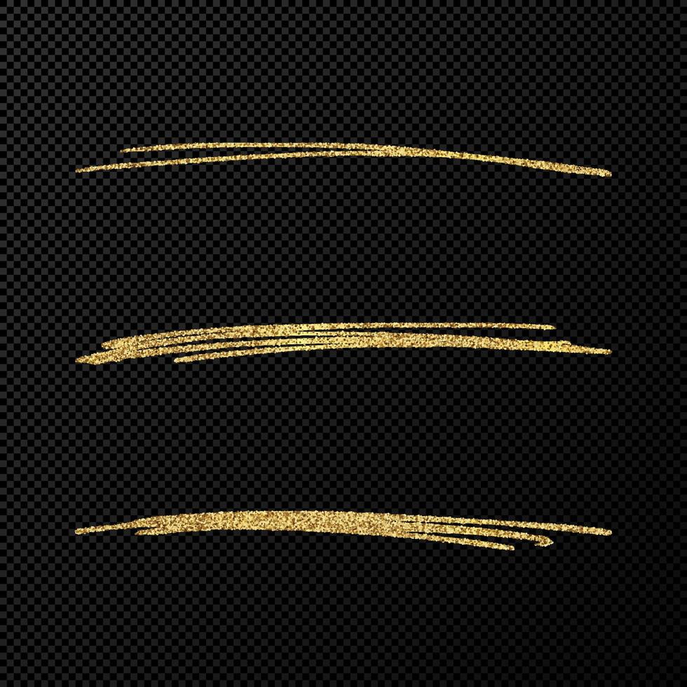 Abstract shiny confetti glittering waves. Set of three hand drawn brush golden strokes on black vector