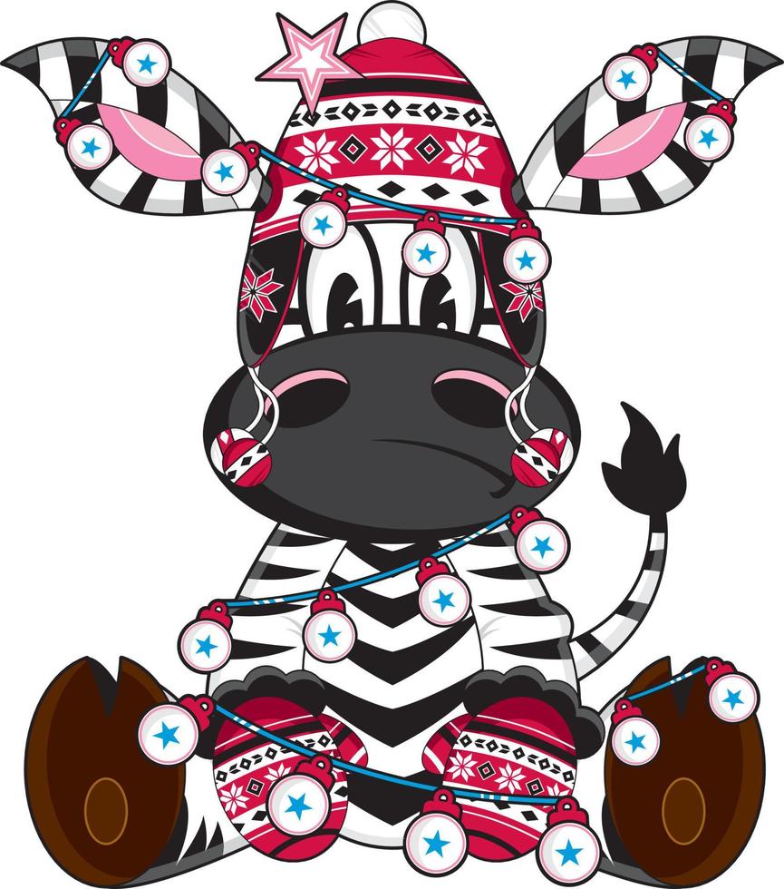 Cartoon Zebra in Wooly Hat Covered in Christmas Baubles vector