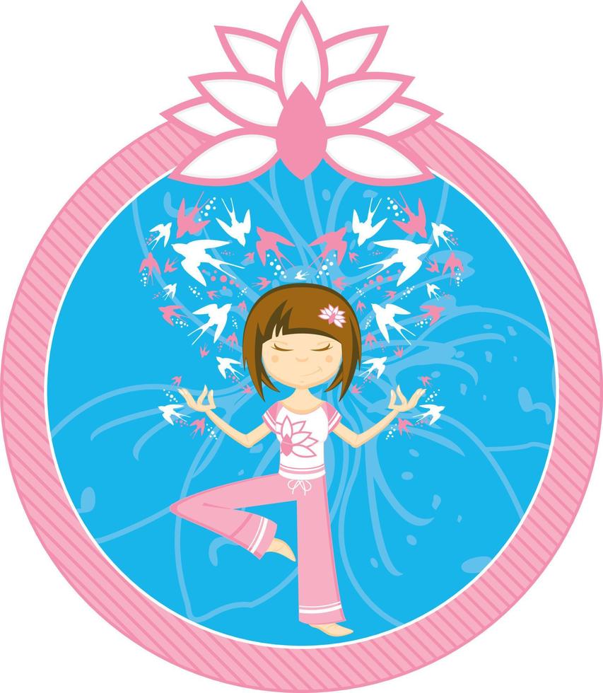 en yoga niña con golondrinas ilustración vector