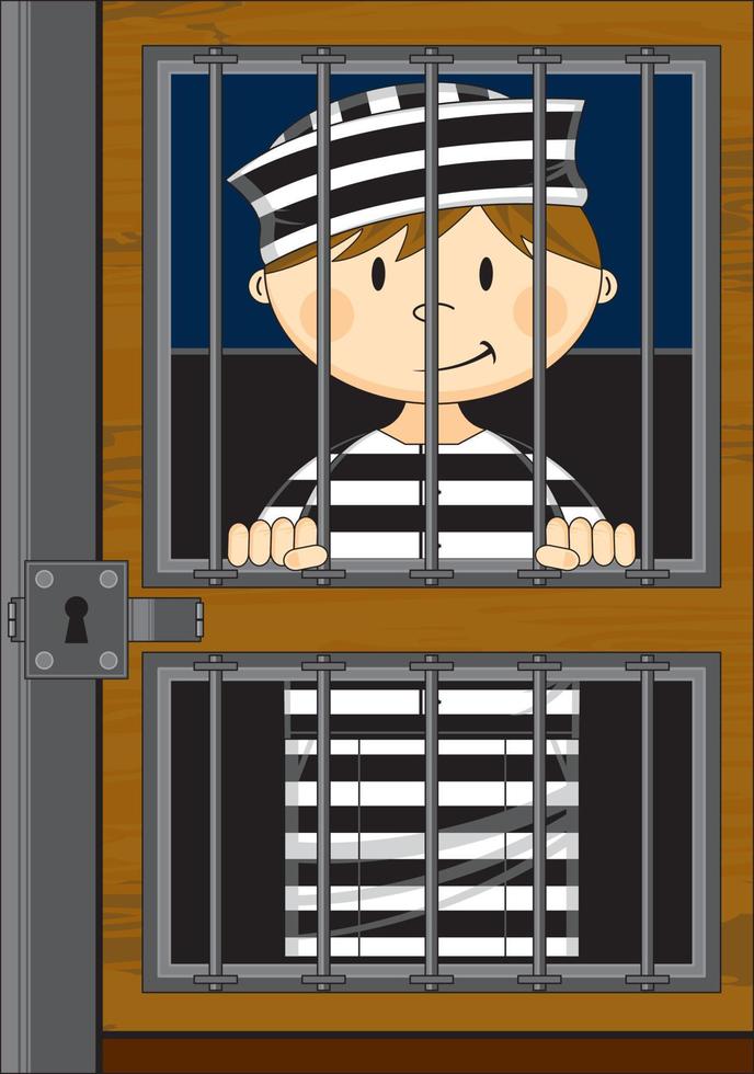 Cartoon Prisoner in Jail Cell Wearing a Classic Striped Prison Uniform vector