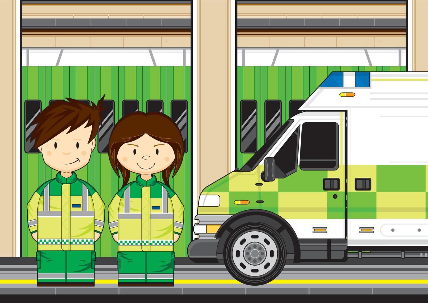 Cute Cartoon British Paramedics with Ambulance at Station vector