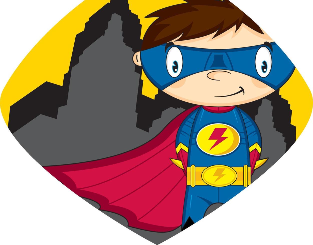 Cartoon Masked Heroic Superhero Character in Shield with Skyscrapers vector