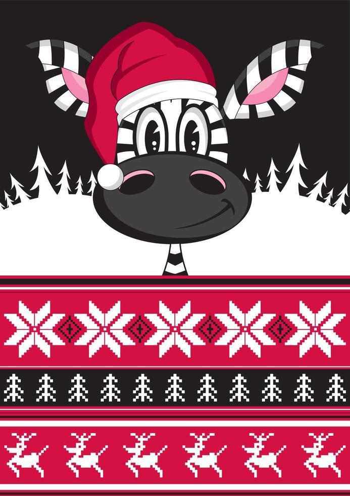 Cartoon Santa Claus Christmas Zebra with Snowflakes and Reindeer vector