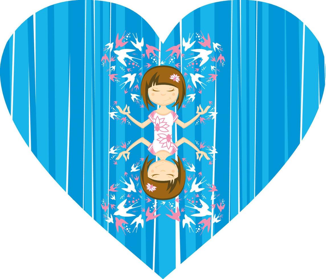 Cartoon Yoga Girl with Swallows in Striped Heart Illustration vector