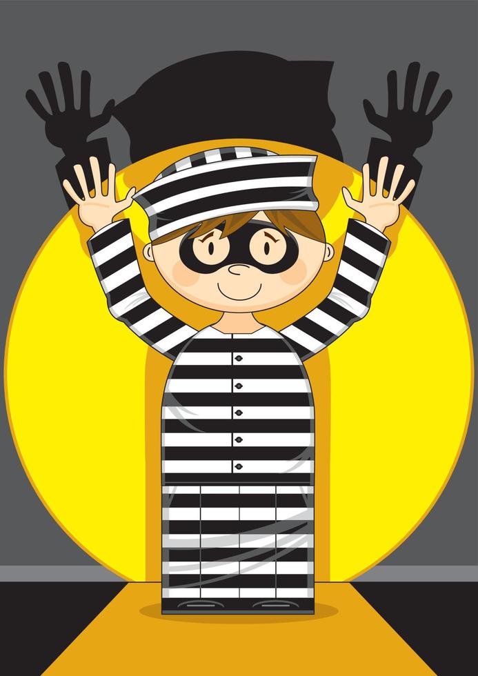 Cartoon Prisoner in Classic Striped Prison Uniform with Hands Up vector