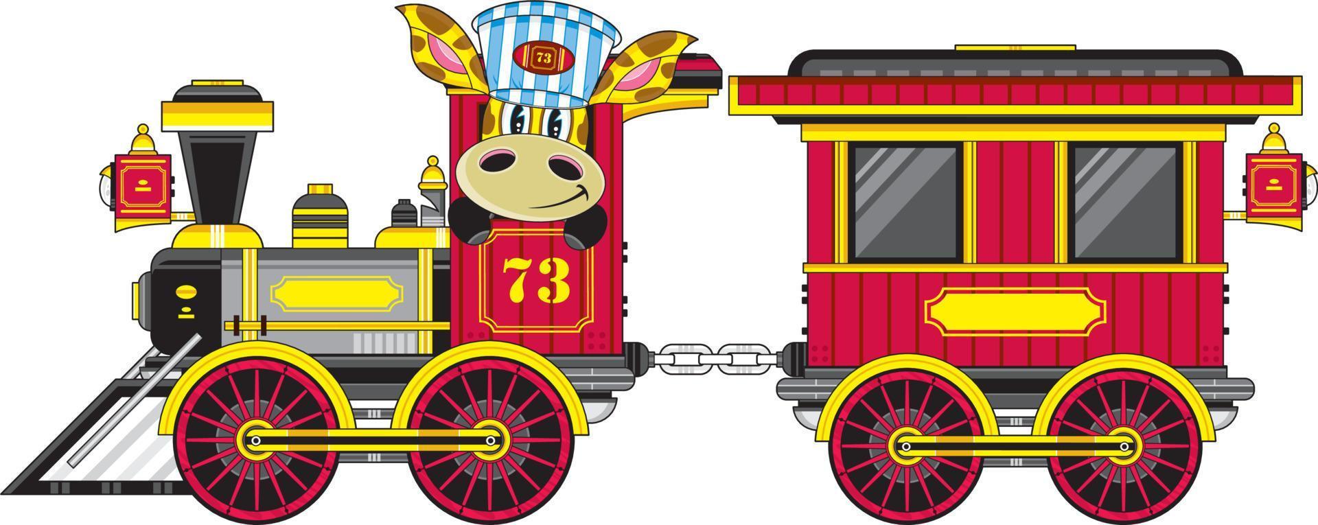 Cartoon Giraffe Driving Wild West Vintage Train with Carriage vector