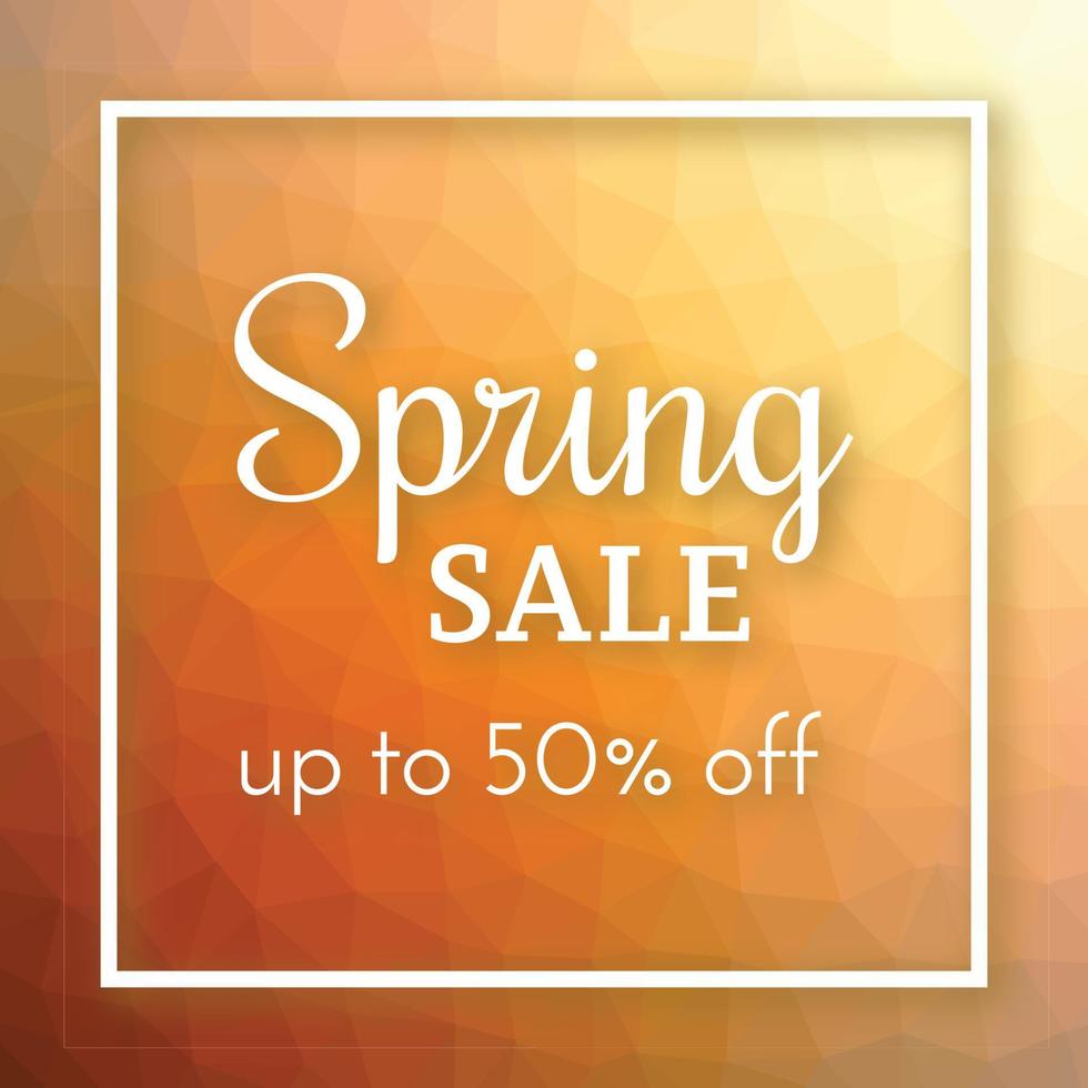 Spring sale banner and up to 50 off sign on colorful polygonal background. Vector illustration