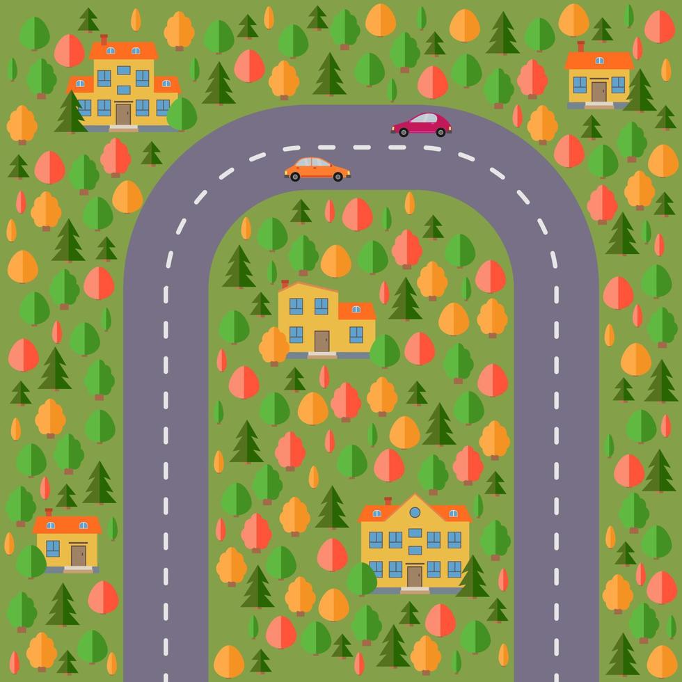 Plan of village. Landscape with the road, forest, two cars and houses. Vector illustration