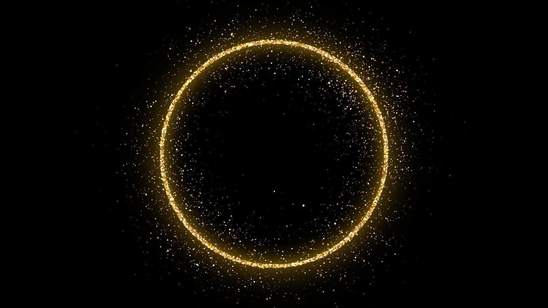 Golden circle frame with glitter, sparkles and flares on dark background. Empty luxury backdrop. Vector illustration.