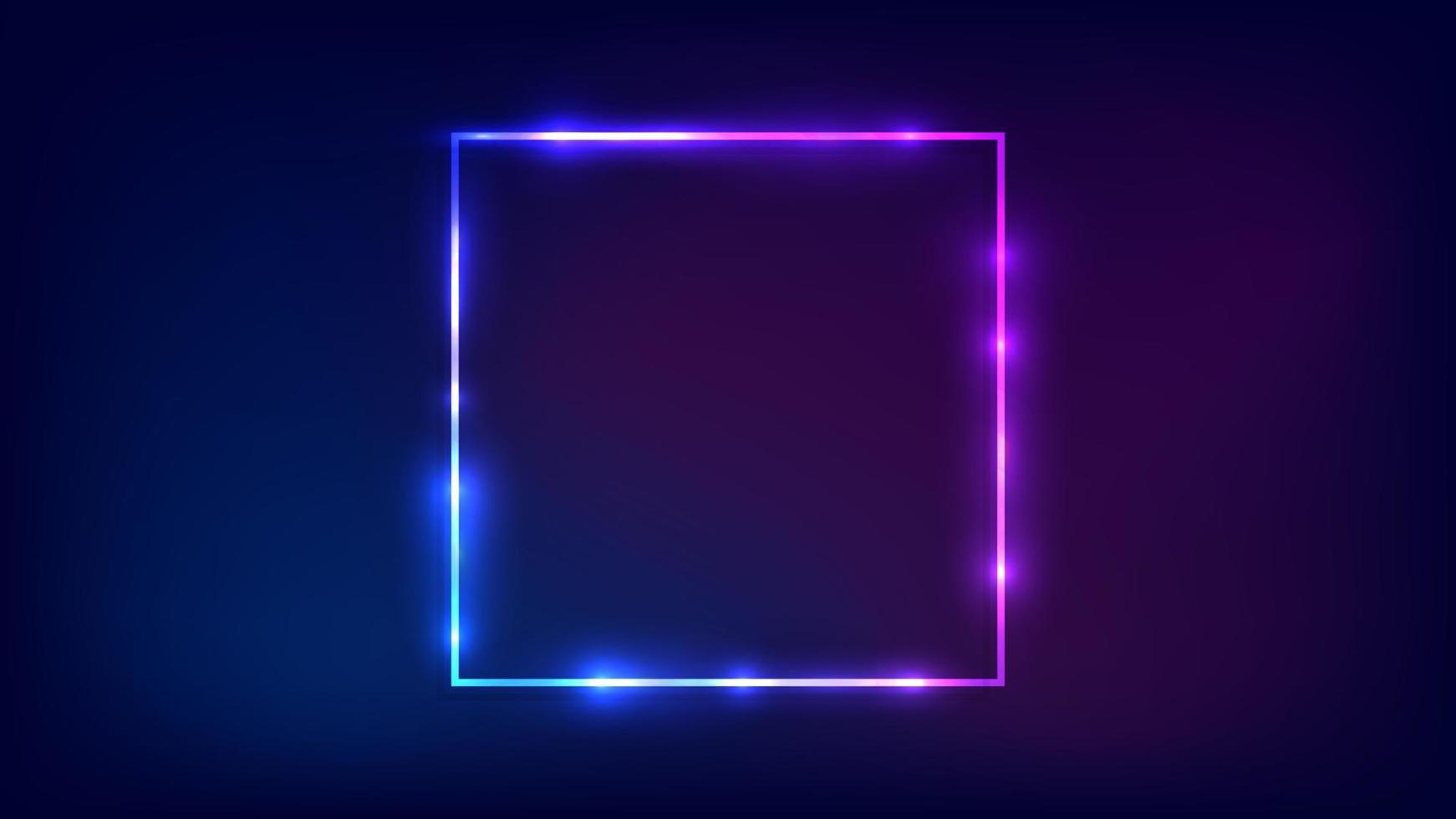 Neon square frame with shining effects on dark background. Empty glowing techno backdrop. Vector illustration.