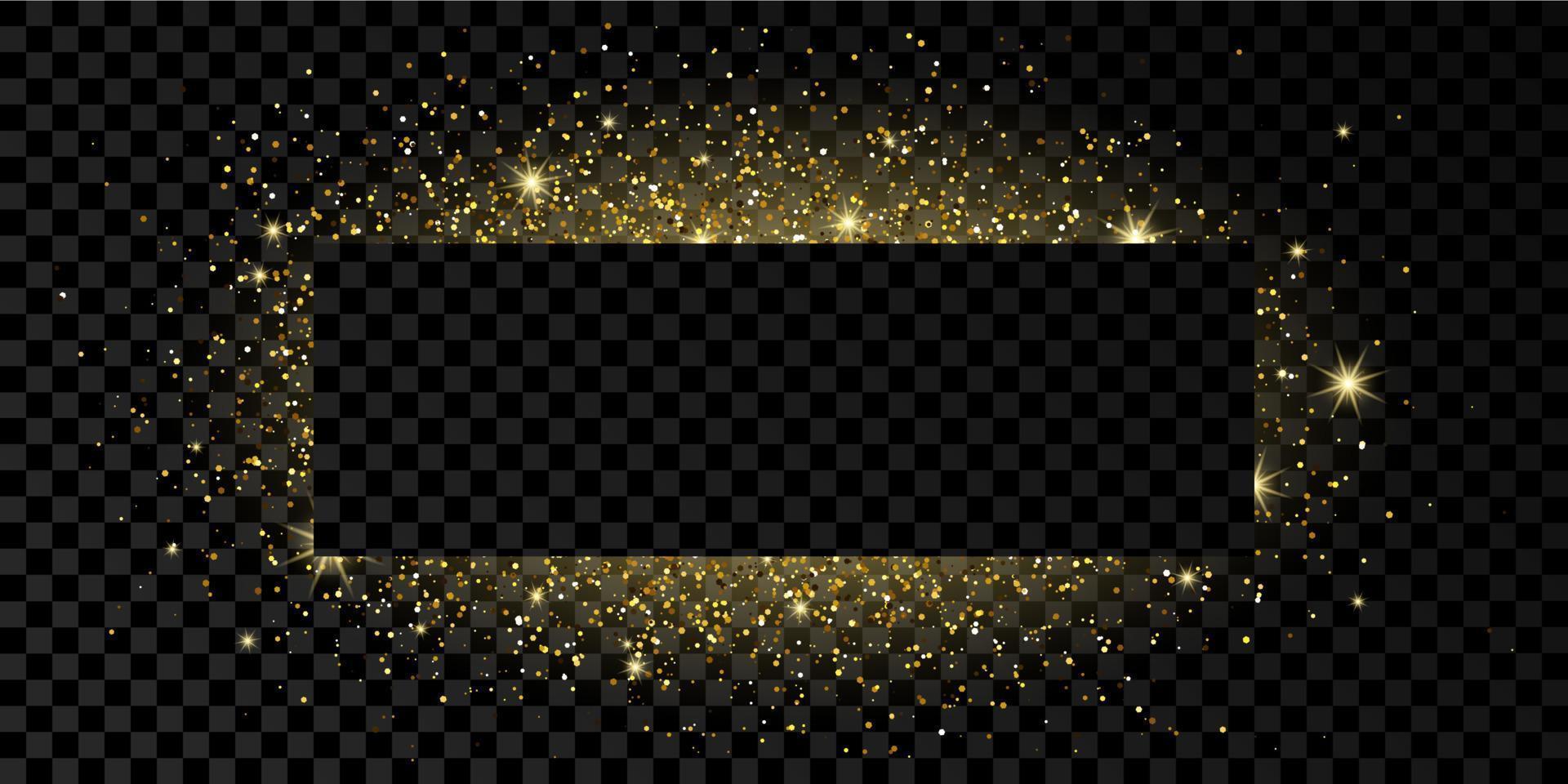 Golden rectangle frame with glitter, sparkles and flares on dark vector