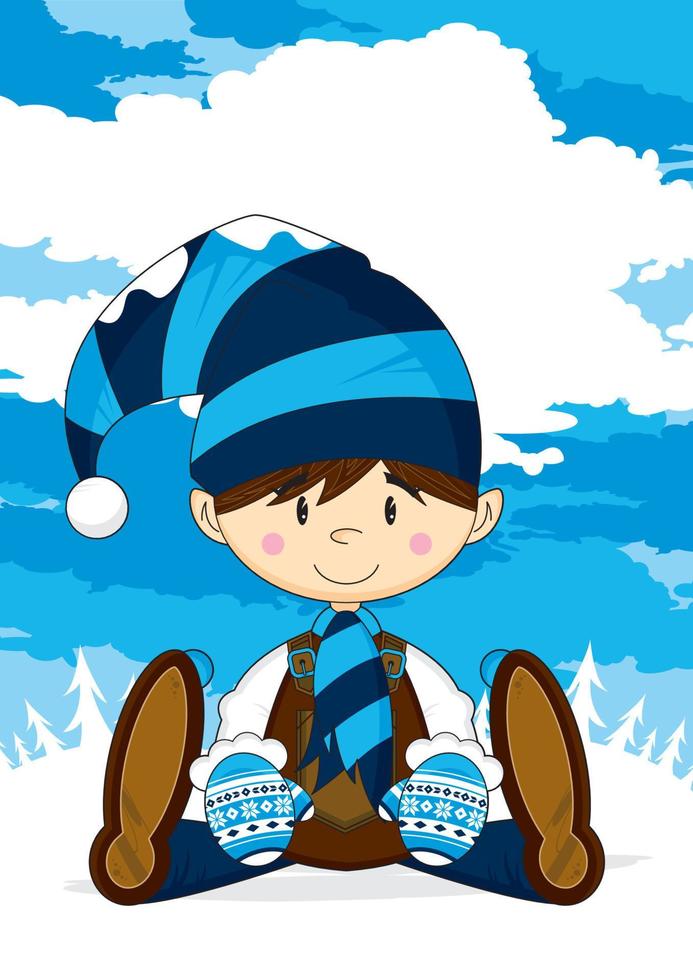 Cute Cartoon Christmas Elf in Wooly Hat and Mittens vector