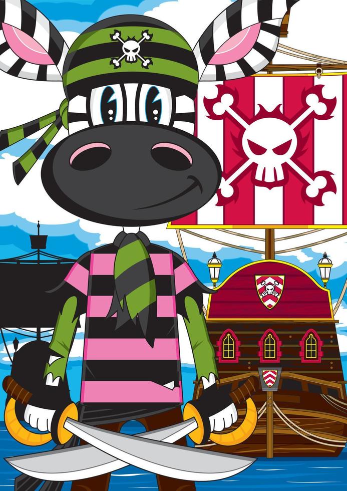 Cartoon Swashbuckling Zebra Pirate with Warship Illustration vector