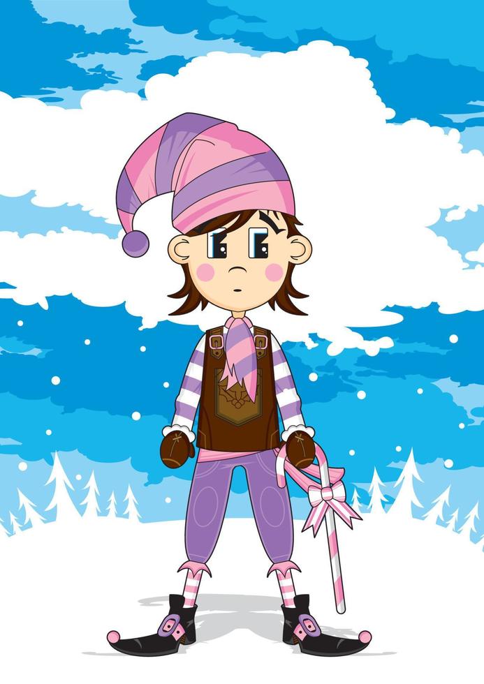 Cute Cartoon Christmas Elf in Wooly Hat with Candy Cane vector