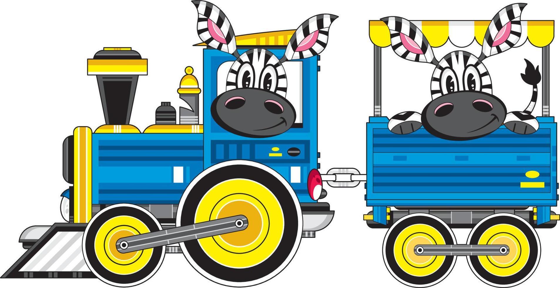 Cartoon Zebra Driving Train with Passenger in Carriage vector