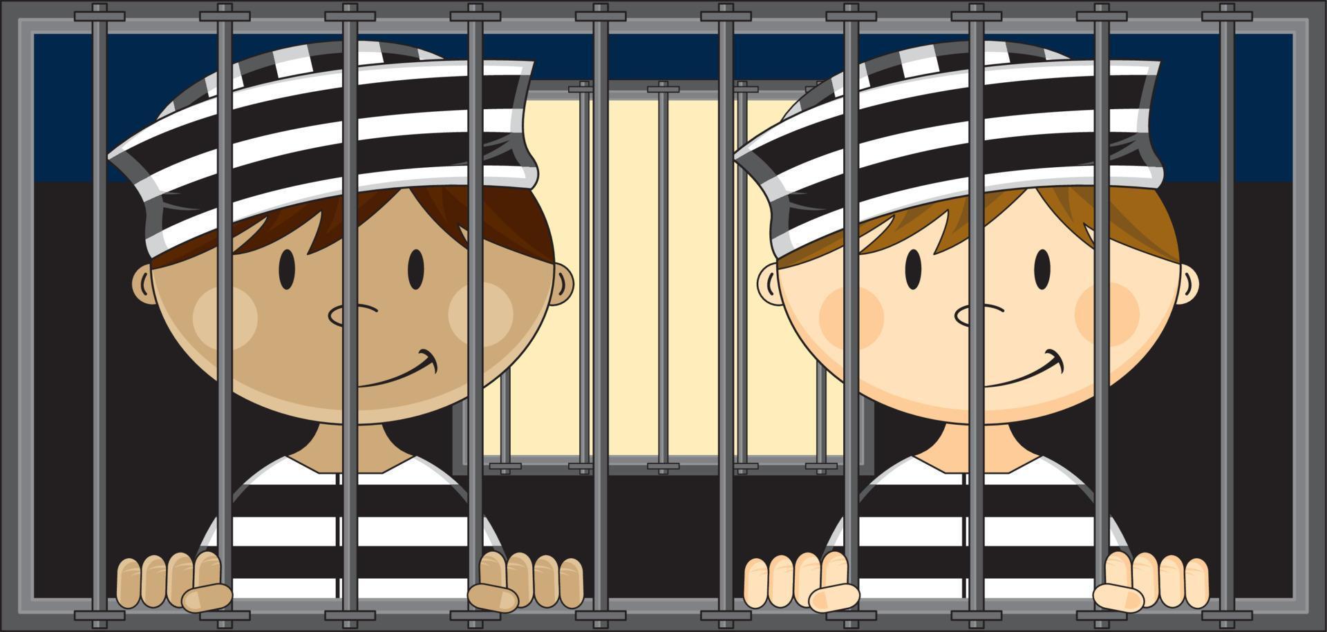 Cartoon Prisoners Wearing Classic Striped Prison Uniform in Jail Cell vector