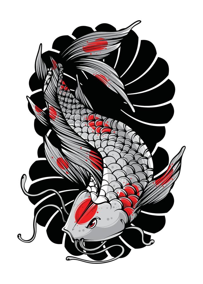 Koi Fish with Japanese Wave and Flowers Tattoo Japanese Illustration Style Isolated Vector. Editable Layer and Color. vector