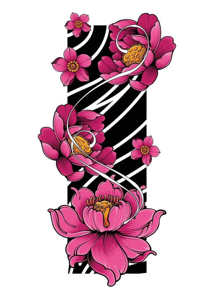 Japanese Flowers Tattoo Japanese Illustration Style Isolated Vector. Editable Layer and Color. vector