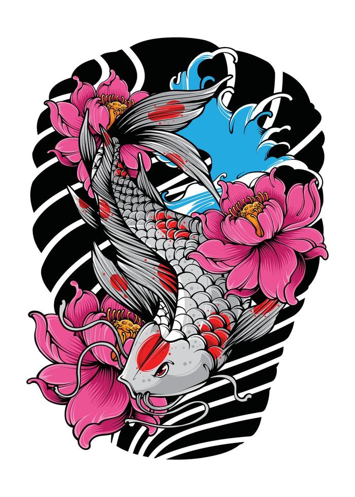 Koi Fish with Japanese Wave and Flowers Tattoo Japanese Illustration Style Isolated Vector. Editable Layer and Color. vector