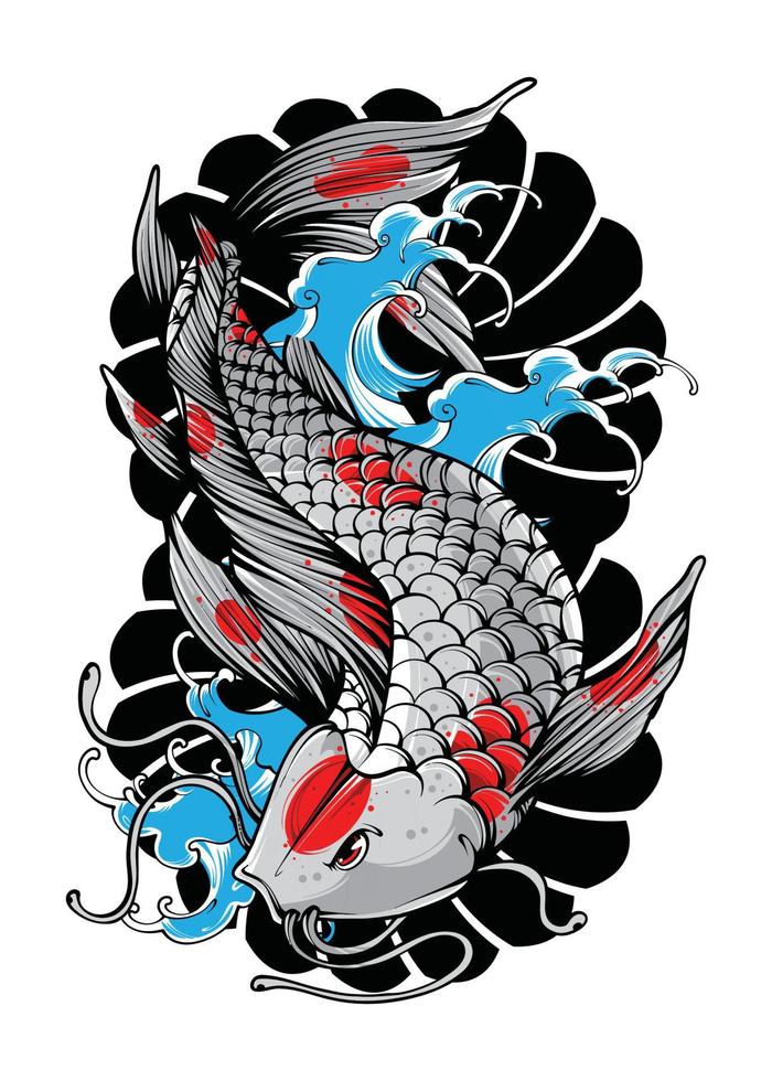 Koi Fish with Japanese Wave and Flowers Tattoo Japanese Illustration Style Isolated Vector. Editable Layer and Color. vector