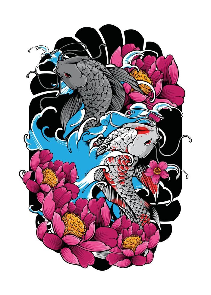 koi pescado con japonés ola y flores tatuaje japonés ilustración estilo aislado vector. editable capa y color. vector