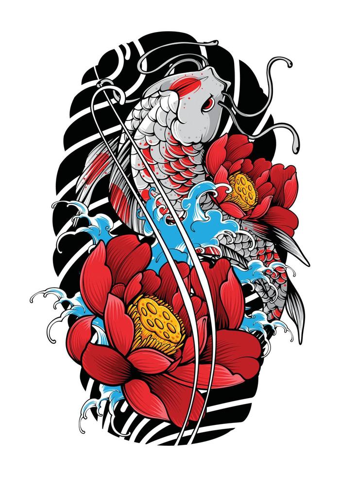 Koi Fish with Japanese Wave and Flowers Tattoo Japanese Illustration Style Isolated Vector. Editable Layer and Color. vector