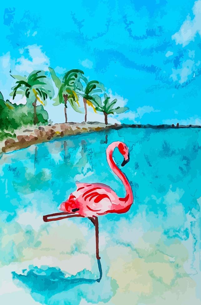 A watercolor painting of pink flamingo on a beach with palm trees in the background summer vibe vector