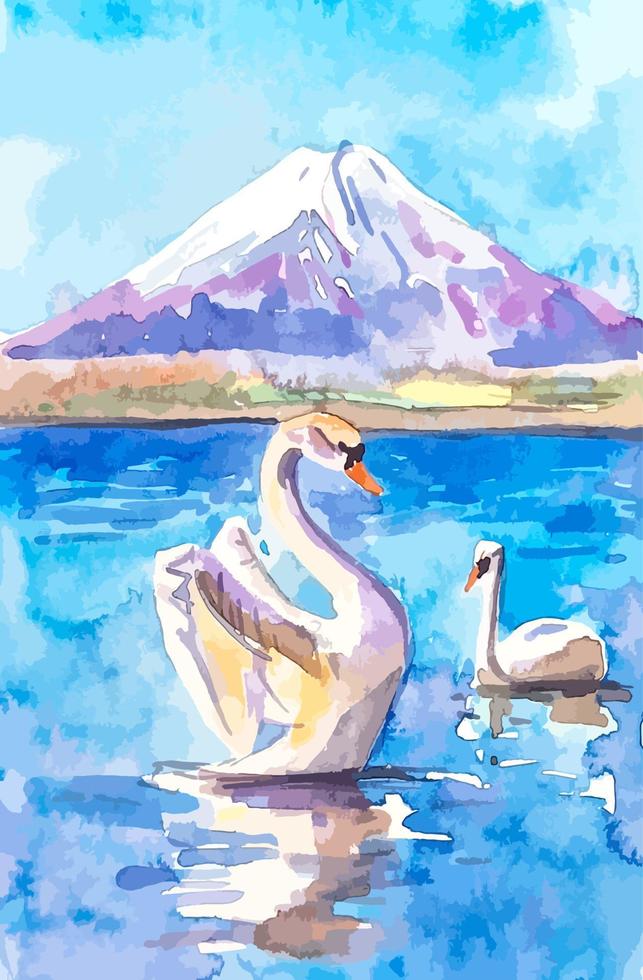 White swans on the lake mountains view watercolor painting vector