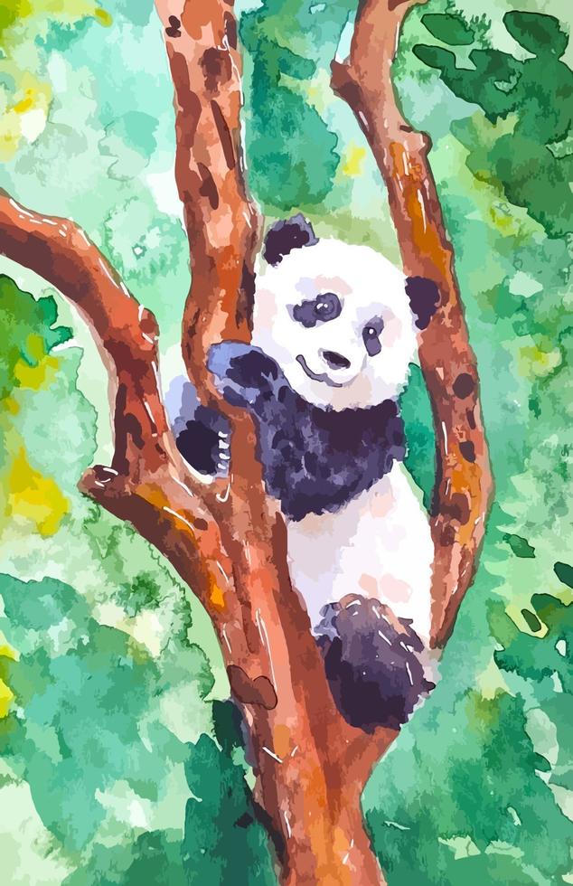 Cute panda on the tree animal in the wild watercolor illustration vector