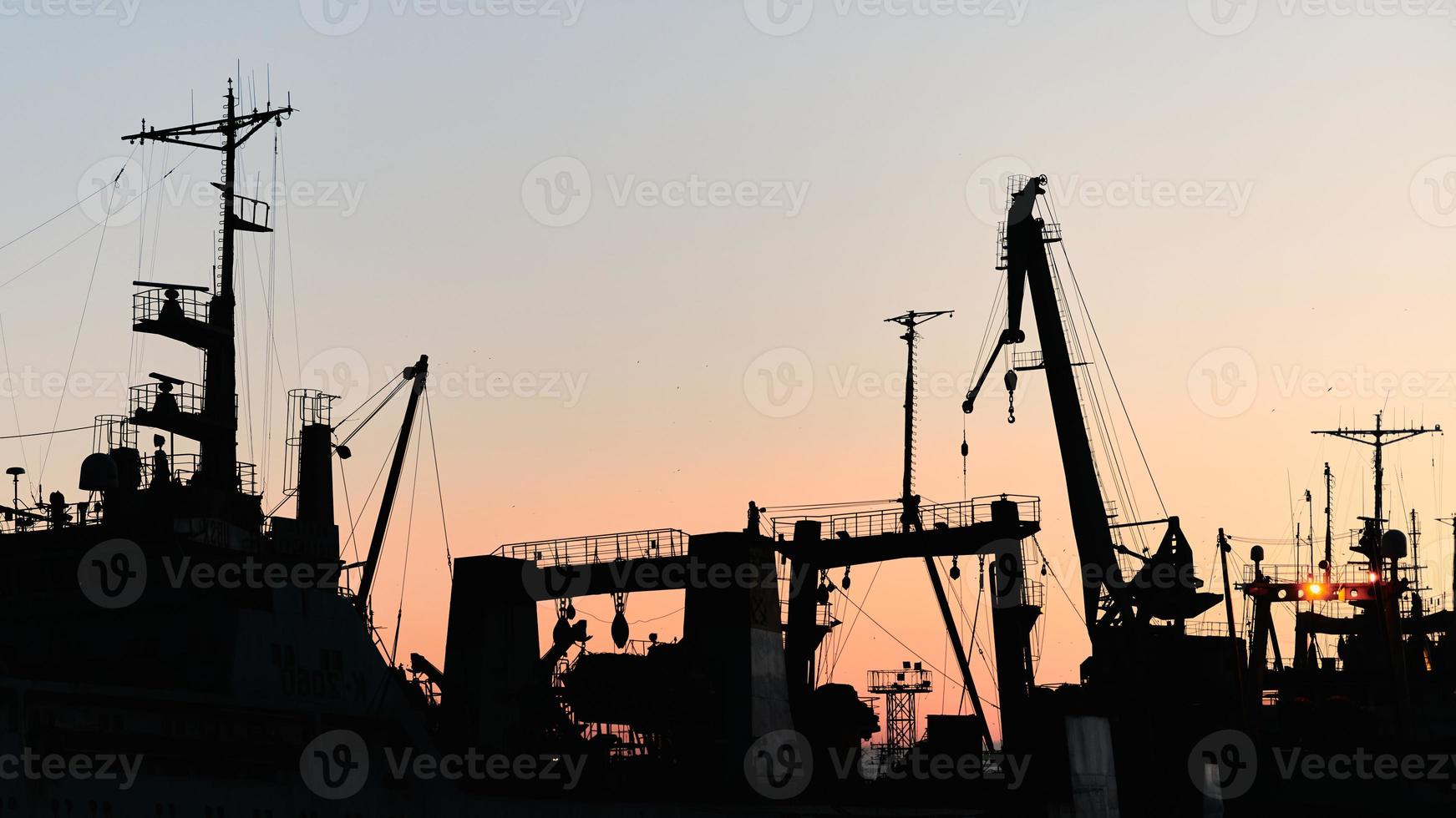 Silhouettes of ships and container cranes in sea port photo