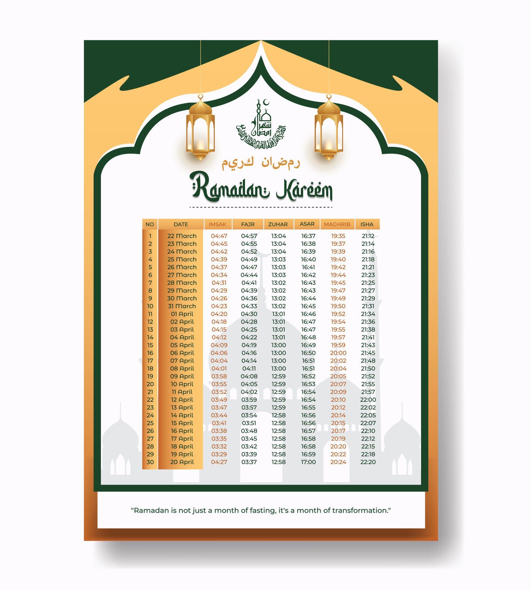 Ramadan Calender 2023 With Prayer times in Ramadan. Ramadan Schedule