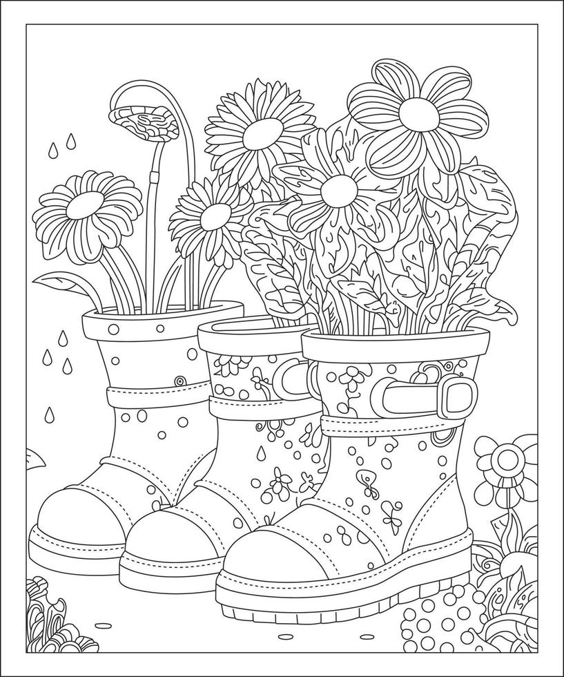 boots with flowers coloring page vector